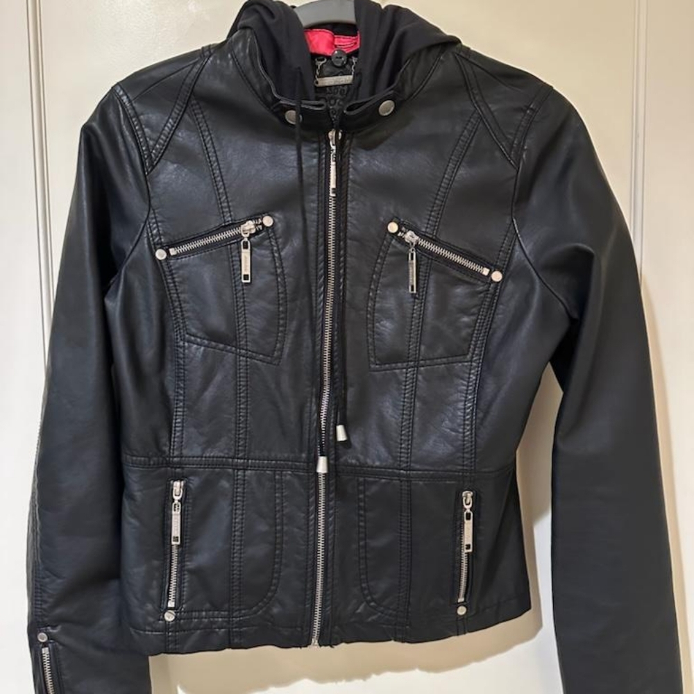 JOUJOU Pink-Lined Faux Black Leather Jacket